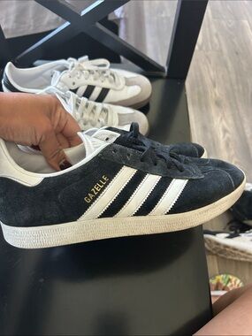 adidas Gazelle Black Suede Sneakers with White Stripes and Gold Logo